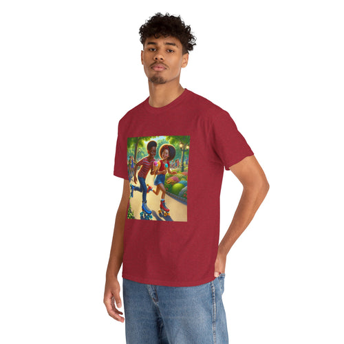 Unisex Heavy Cotton Tee with Roller Skating Design